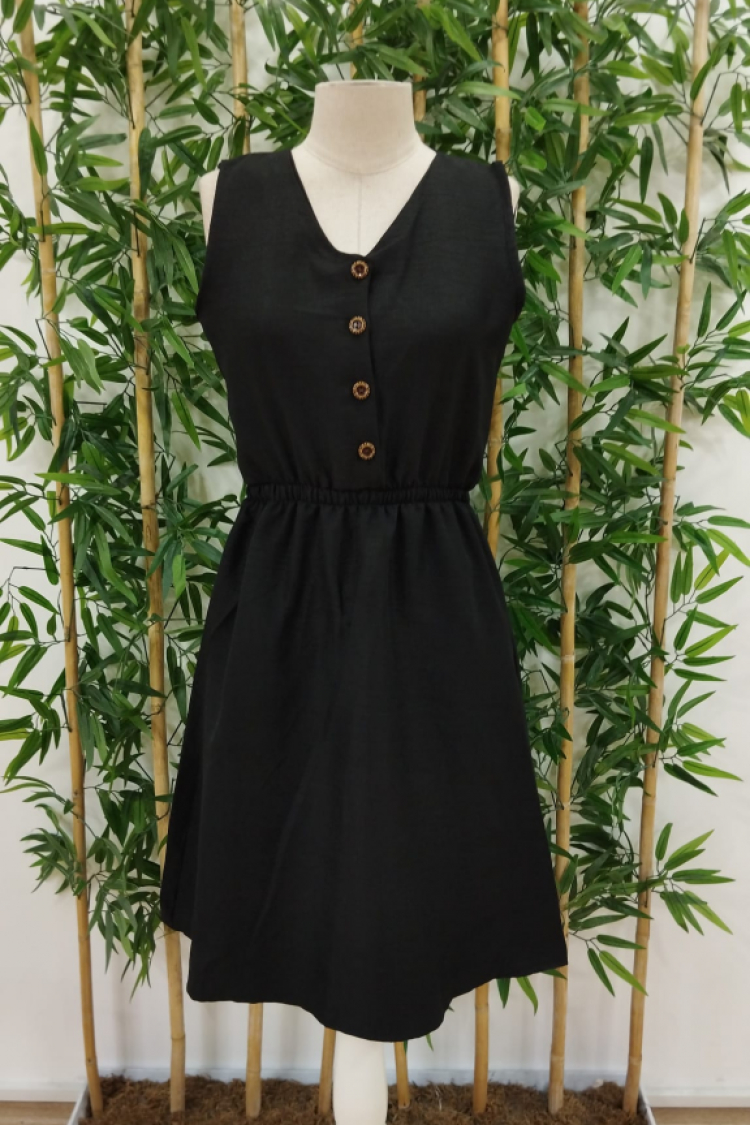 Women's V-Neck Front Button Detail Elastic Waist Linen Short Dress - Black