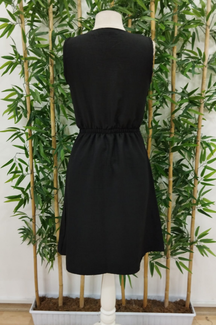 Women's V-Neck Front Button Detail Elastic Waist Linen Short Dress - Black