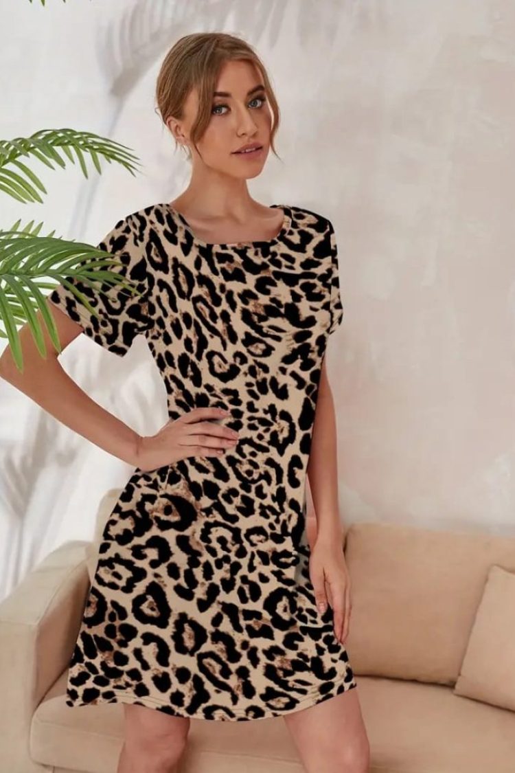 Short Sleeve Crew Neck Digital Printed Jersey Dress - Black & Brown - Janes - Globality Store - Women Clothes Wholesale Turkey