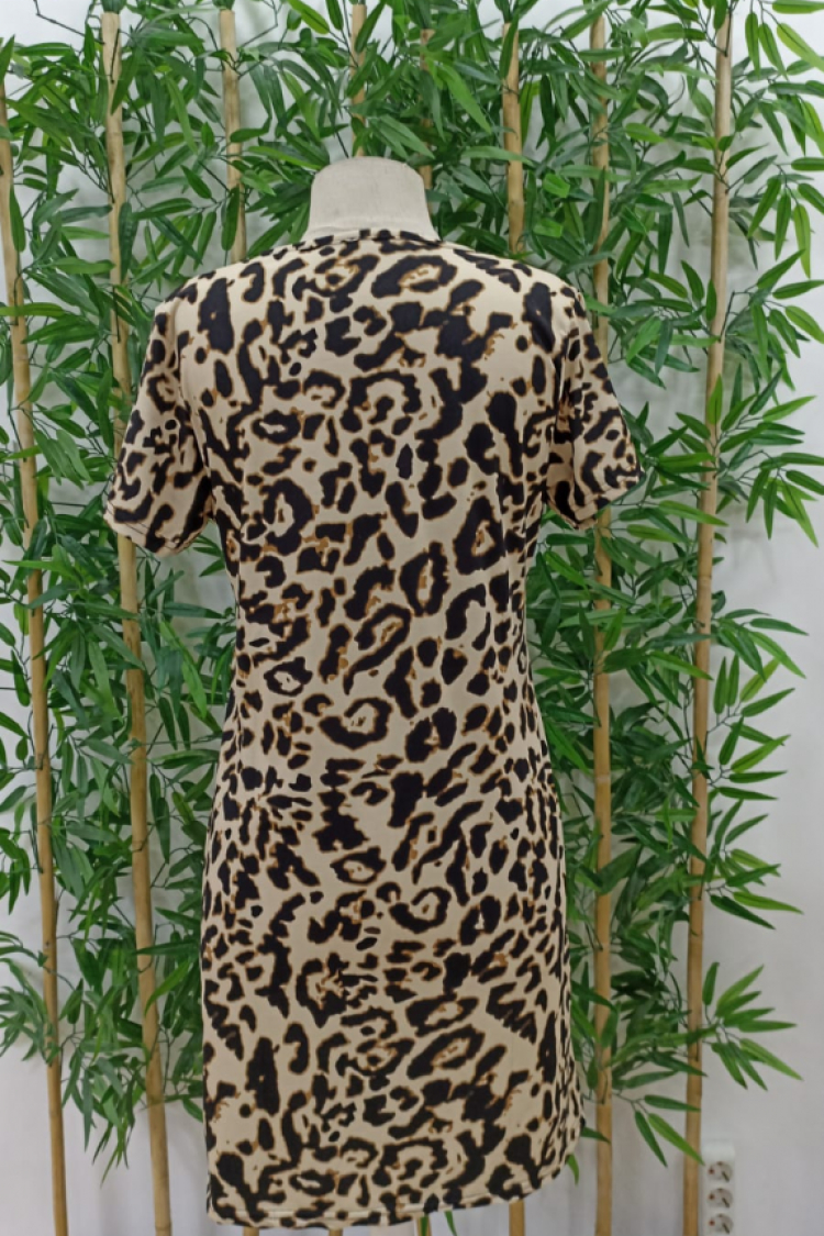 Short Sleeve Crew Neck Digital Printed Jersey Dress - Black & Brown