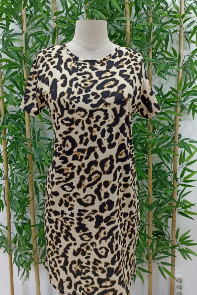 Short Sleeve Crew Neck Digital Printed Jersey Dress - Black & Brown