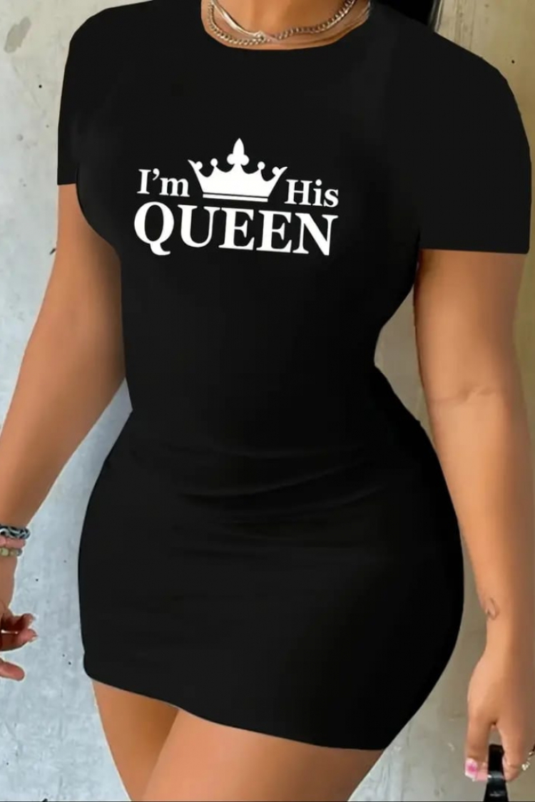 Women's Short Sleeve Queen Print Two Thread Mini Dress - Janes - Globality Store - Women Clothes Wholesale Turkey