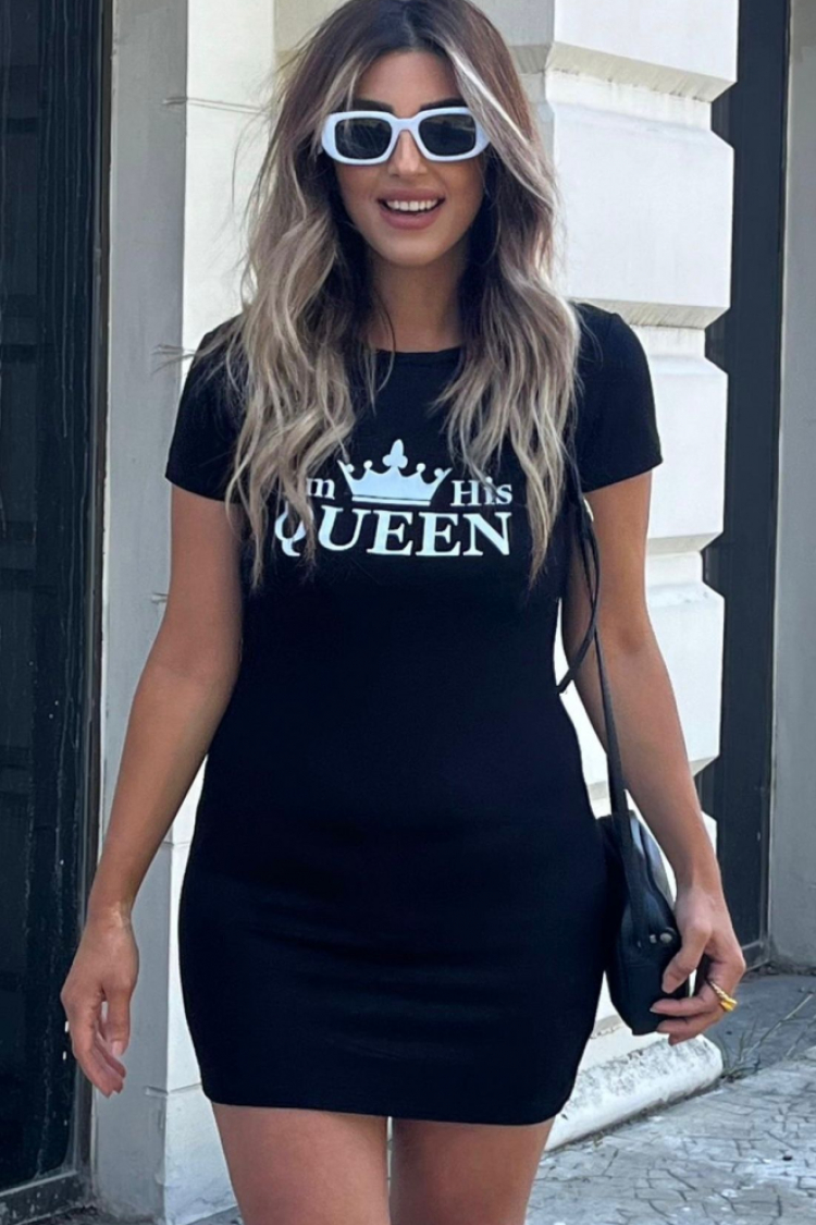 Women's Short Sleeve Queen Print Two Thread Mini Dress