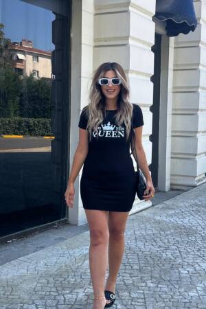 Women's Short Sleeve Queen Print Two Thread Mini Dress - Janes - Globality Store - Women Clothes Wholesale Turkey
