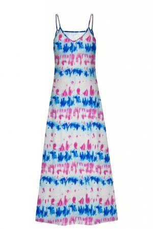 Women's Strappy Full Length Jersey Dress - White & Blue - Janes - Globality Store - Women Clothes Wholesale Turkey