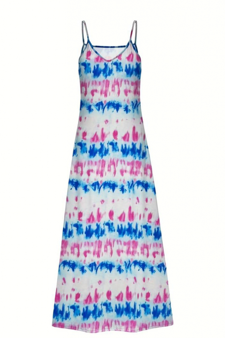 Women's Strappy Full Length Jersey Dress - White & Blue