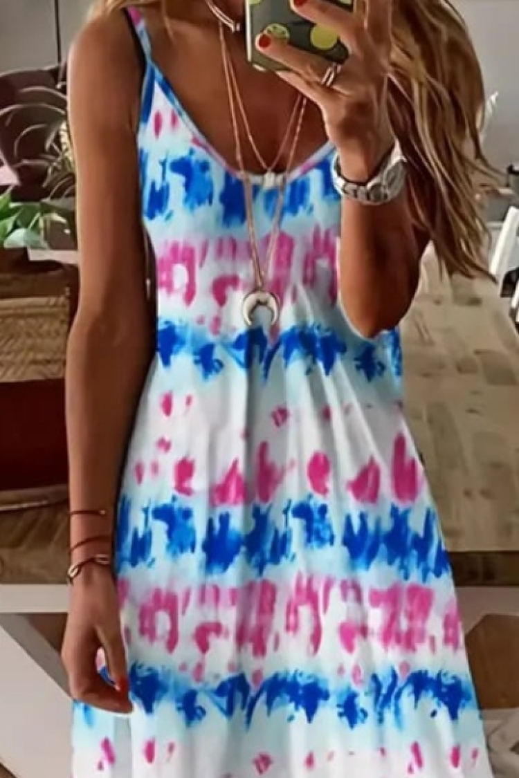Women's Strappy Full Length Jersey Dress - White & Blue