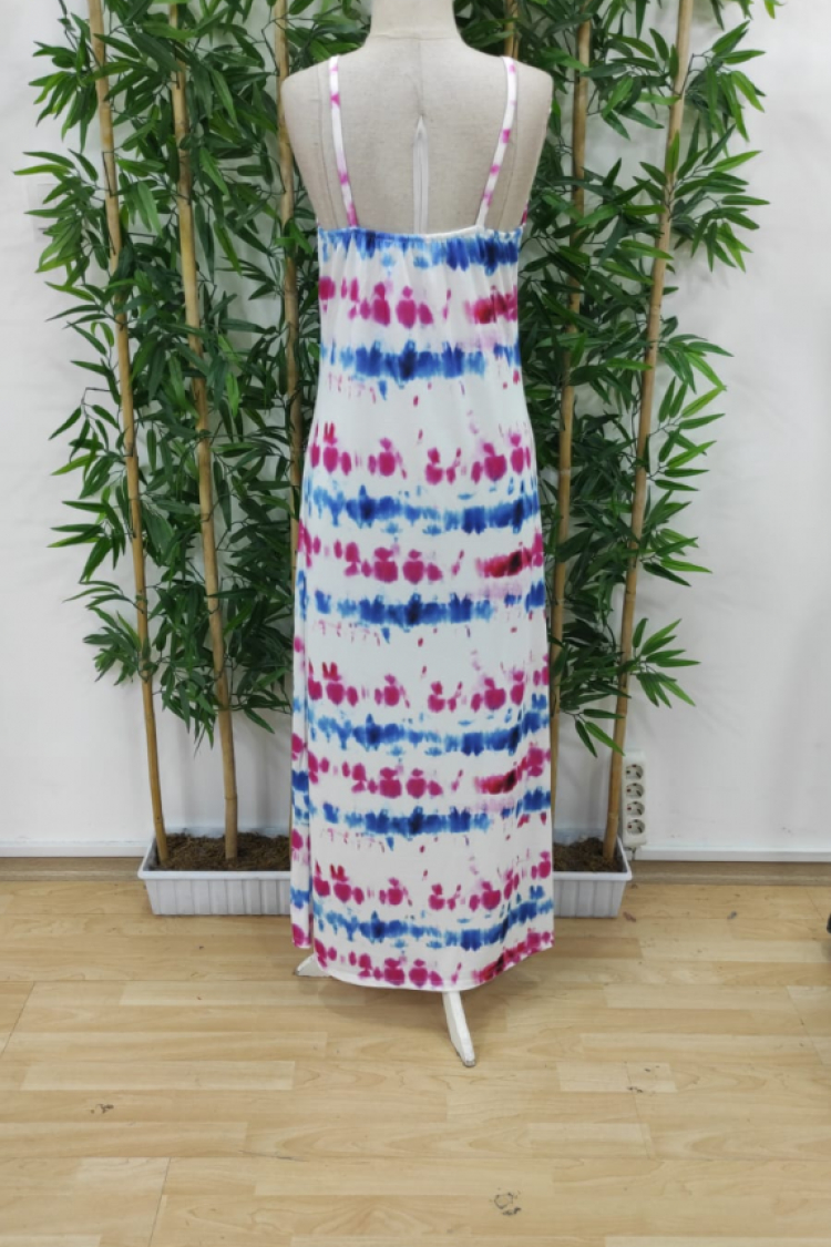 Women's Strappy Full Length Jersey Dress - White & Blue