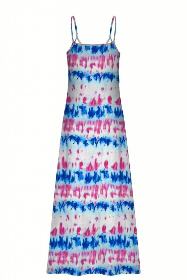Women's Strappy Full Length Jersey Dress - White & Blue