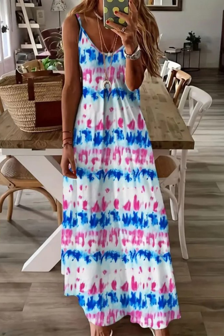Women's Strappy Full Length Jersey Dress - White & Blue - Janes - Globality Store - Women Clothes Wholesale Turkey