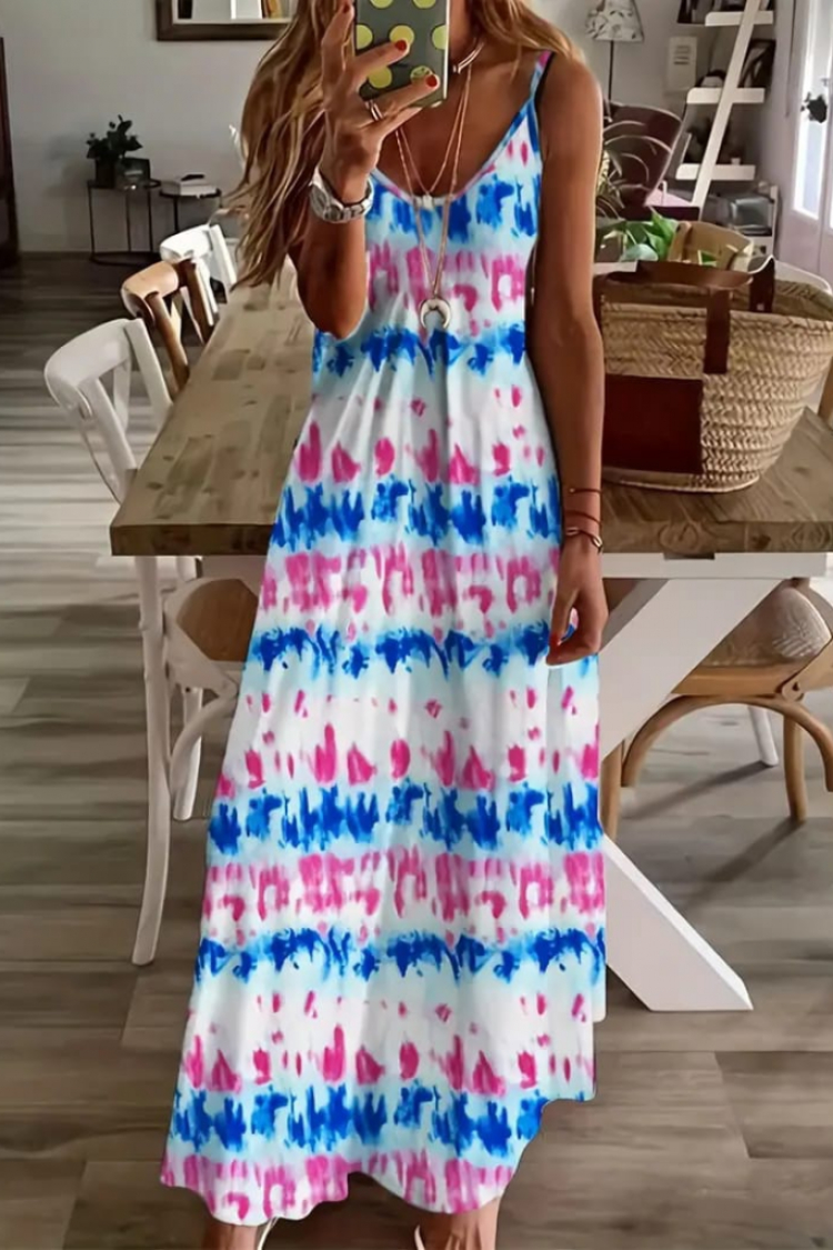 Women's Strappy Full Length Jersey Dress - White & Blue