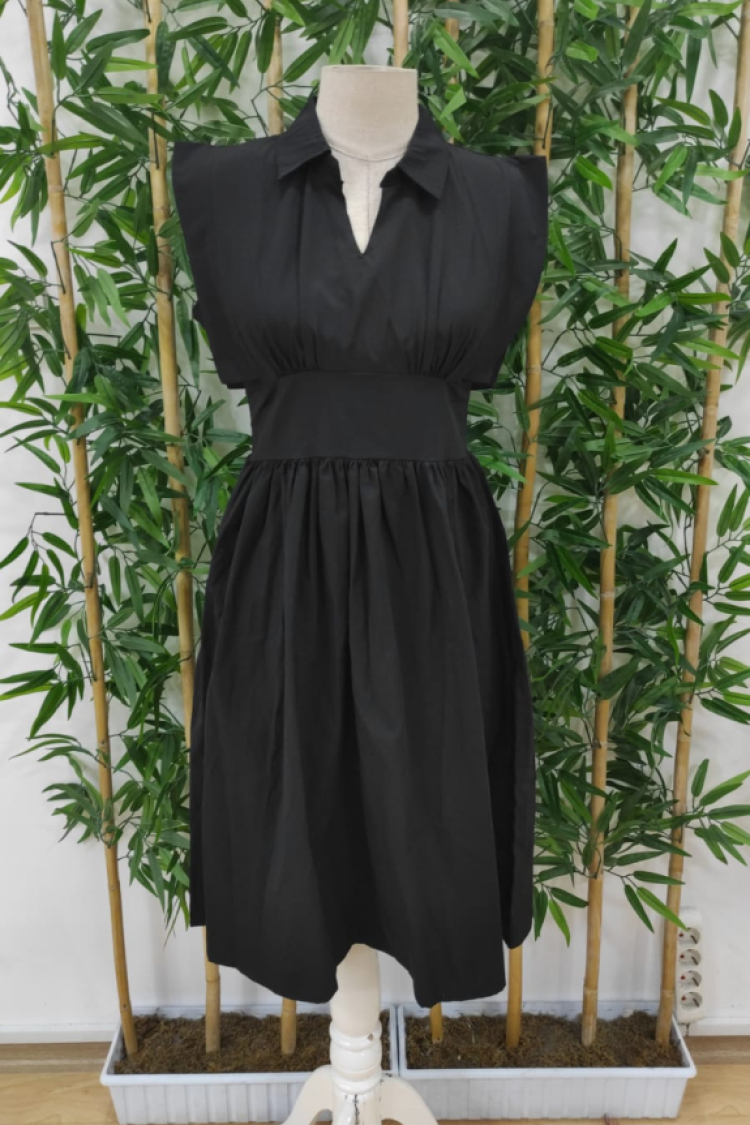Women's Collared Waisted Front Gathered Woven Mini Dress - Black