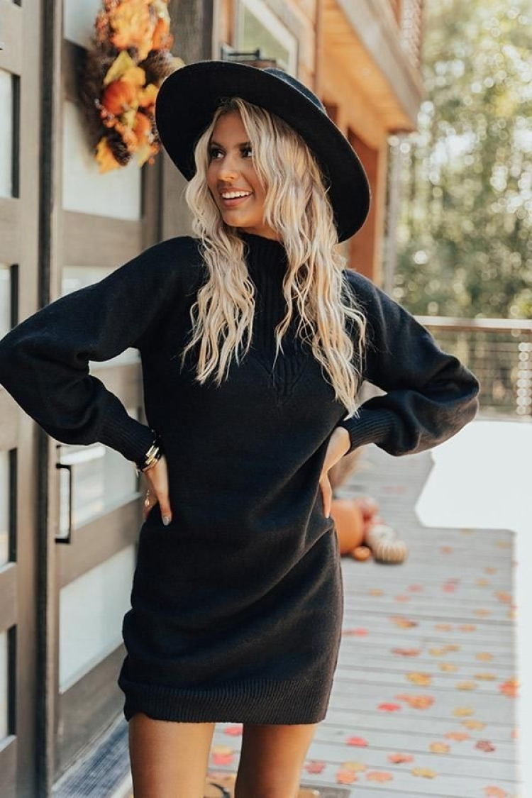 Women's Long Sleeve Turtleneck Camisole Dress - Black