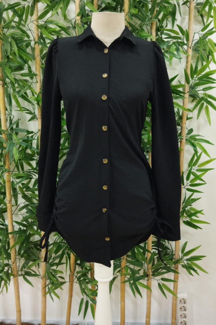 Women's Long Sleeve Shirt Collar Front Buttoned Side Gathered Short Aerobin Dress