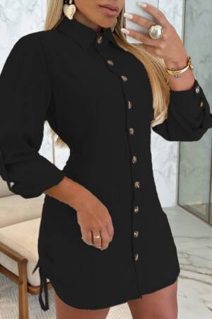 Women's Long Sleeve Shirt Collar Front Buttoned Side Gathered Short Aerobin Dress - Janes - Globality Store - Women Clothes Wholesale Turkey