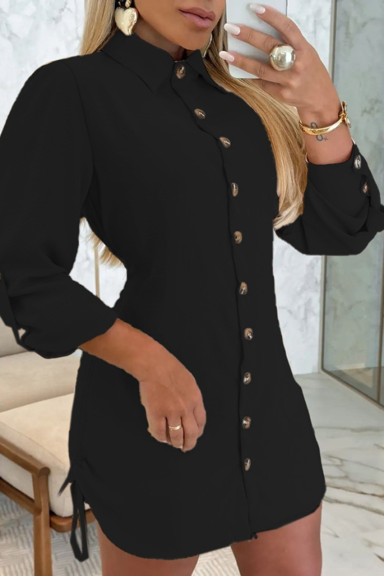Women's Long Sleeve Shirt Collar Front Buttoned Side Gathered Short Aerobin Dress - Janes - Globality Store - Women Clothes Wholesale Turkey