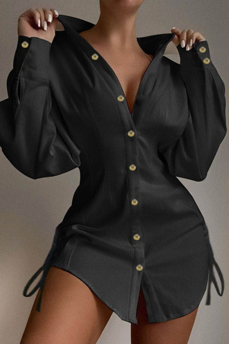 Women's Long Sleeve Shirt Collar Front Buttoned Side Gathered Short Aerobin Dress