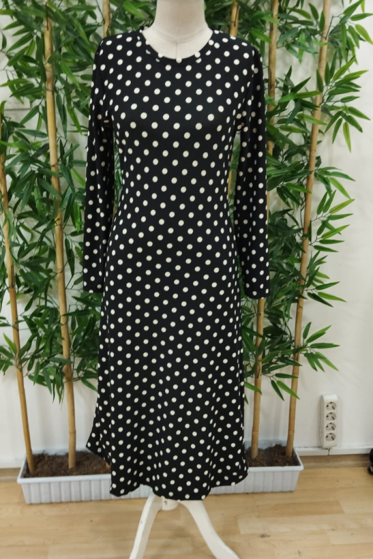 Women's Long Sleeve Crew Neck Polka Dot Knitted Crepe Midi Dress - Black