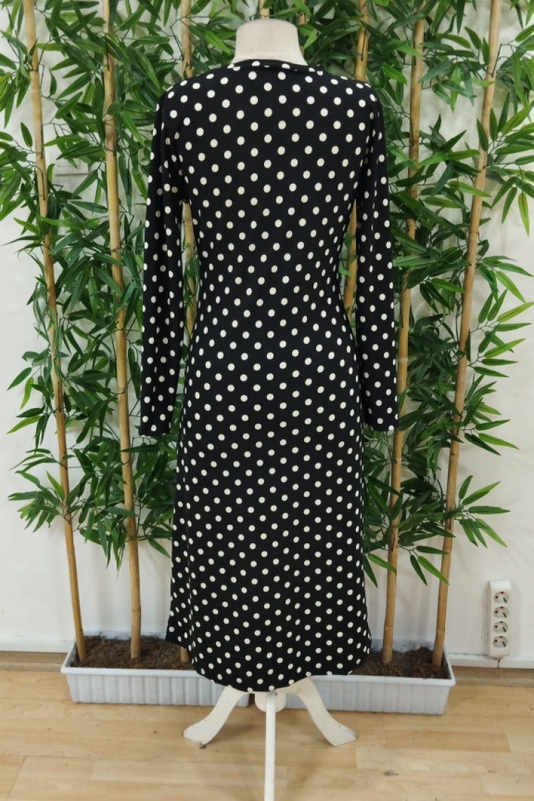 Women's Long Sleeve Crew Neck Polka Dot Knitted Crepe Midi Dress - Black