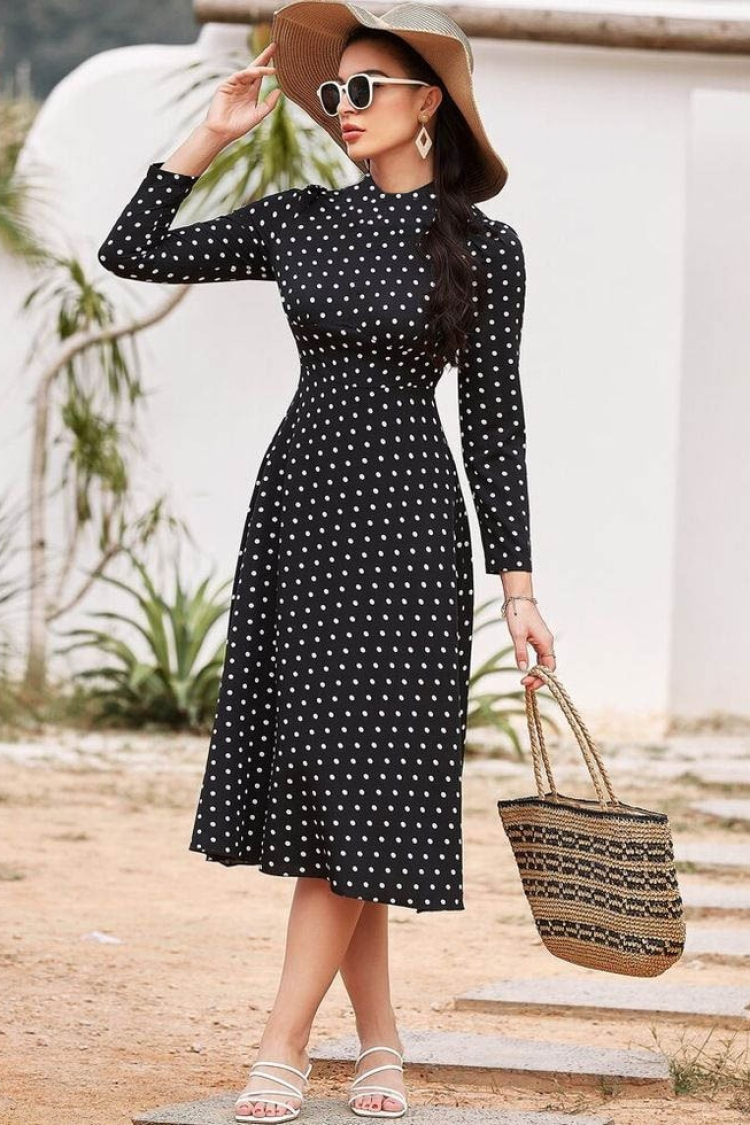 Women's Long Sleeve Crew Neck Polka Dot Knitted Crepe Midi Dress - Black