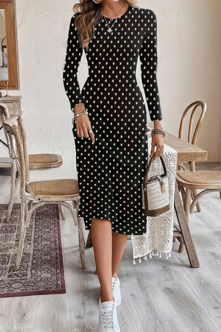 Women's Long Sleeve Crew Neck Polka Dot Knitted Crepe Midi Dress - Black - Janes - Globality Store - Women Clothes Wholesale Turkey
