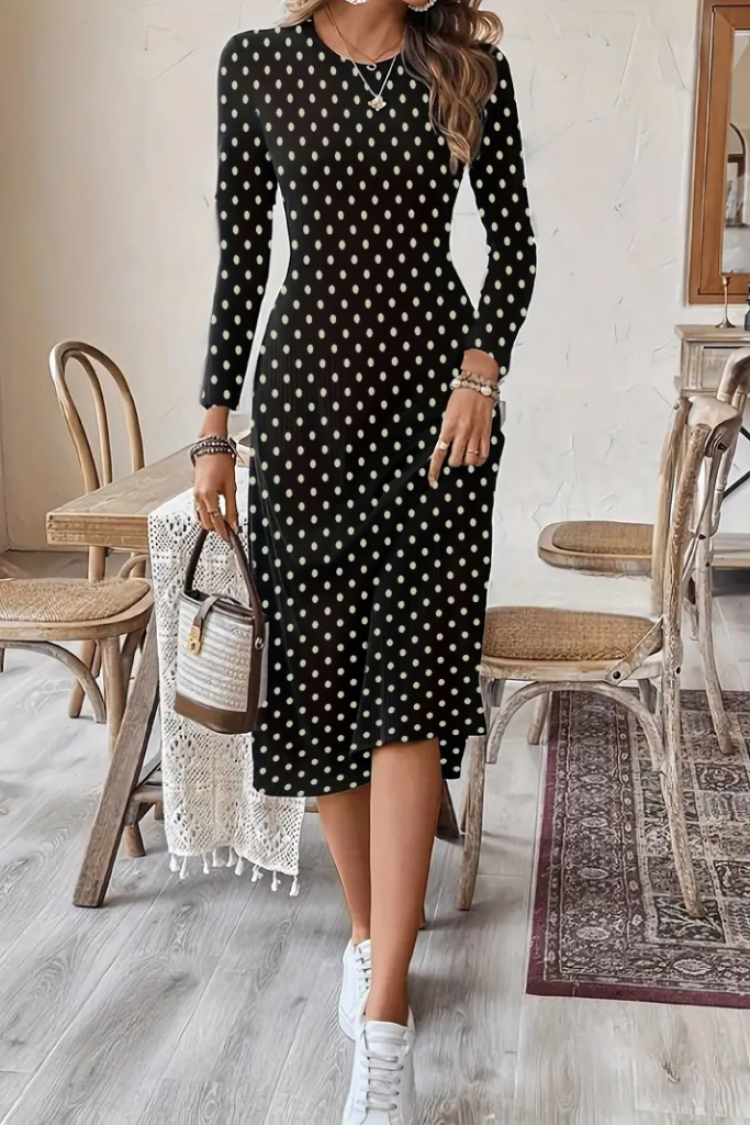 Women's Long Sleeve Crew Neck Polka Dot Knitted Crepe Midi Dress - Black