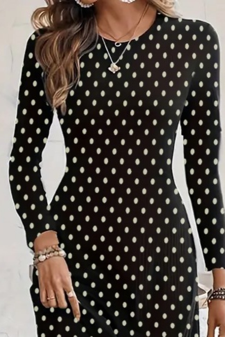 Women's Long Sleeve Crew Neck Polka Dot Knitted Crepe Midi Dress - Black