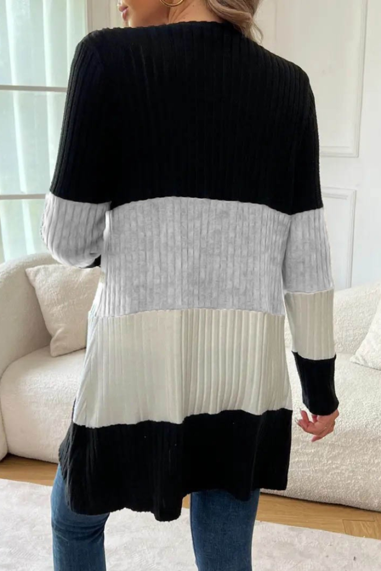 Women's Long Sleeve Multicoloured Front Buttoned Long Jacket - Black