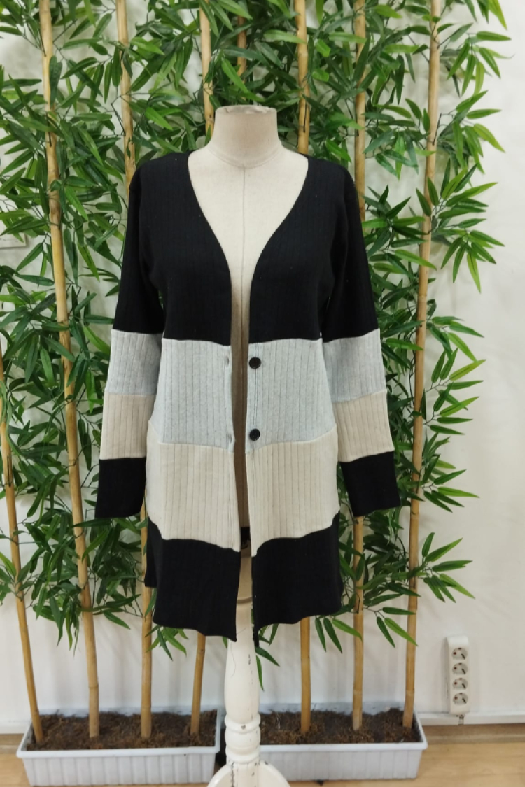 Women's Long Sleeve Multicoloured Front Buttoned Long Jacket - Black