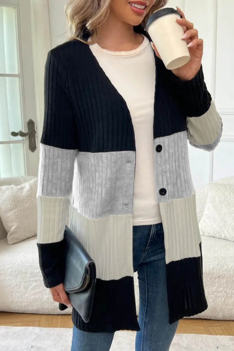 Women's Long Sleeve Multicoloured Front Buttoned Long Jacket - Black