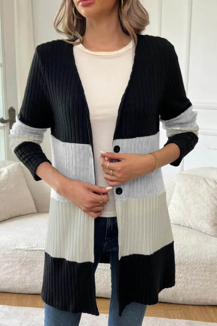 Women's Long Sleeve Multicoloured Front Buttoned Long Jacket - Black
