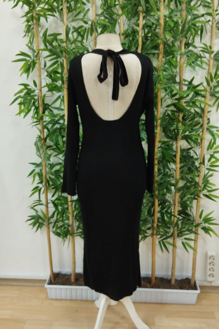 Women's Long Sleeve Half Turtleneck Back Window Detail Lace Up Midi Knit Dress