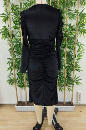 Women's Long Sleeve Deep Double Breasted Collar Front Gathered Slit Detail Velvet Midi Dress - Black - Janes - Globality Store - Women Clothes Wholesale Turkey