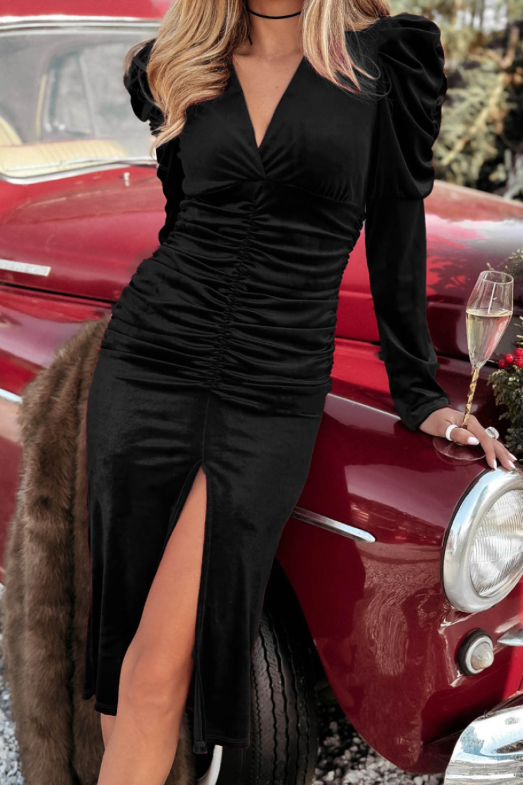 Women's Long Sleeve Deep Double Breasted Collar Front Gathered Slit Detail Velvet Midi Dress - Black