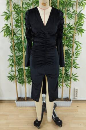 Women's Long Sleeve Deep Double Breasted Collar Front Gathered Slit Detail Velvet Midi Dress - Black - Janes - Globality Store - Women Clothes Wholesale Turkey