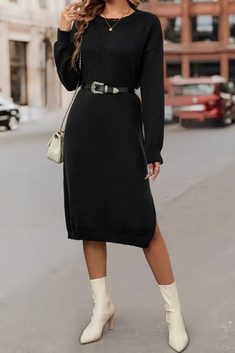 Women's Long Sleeve Crew Neck Side Slit Midi Knit Dress - Black - Janes - Globality Store - Women Clothes Wholesale Turkey