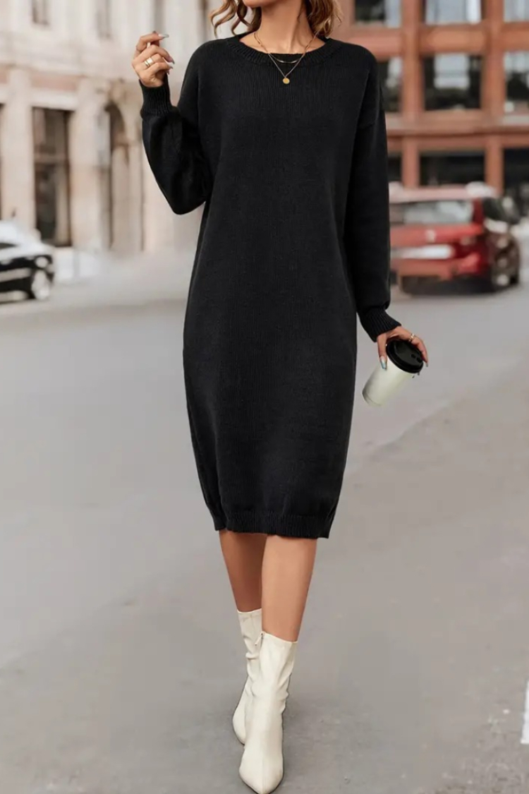Women's Long Sleeve Crew Neck Side Slit Midi Knit Dress - Black