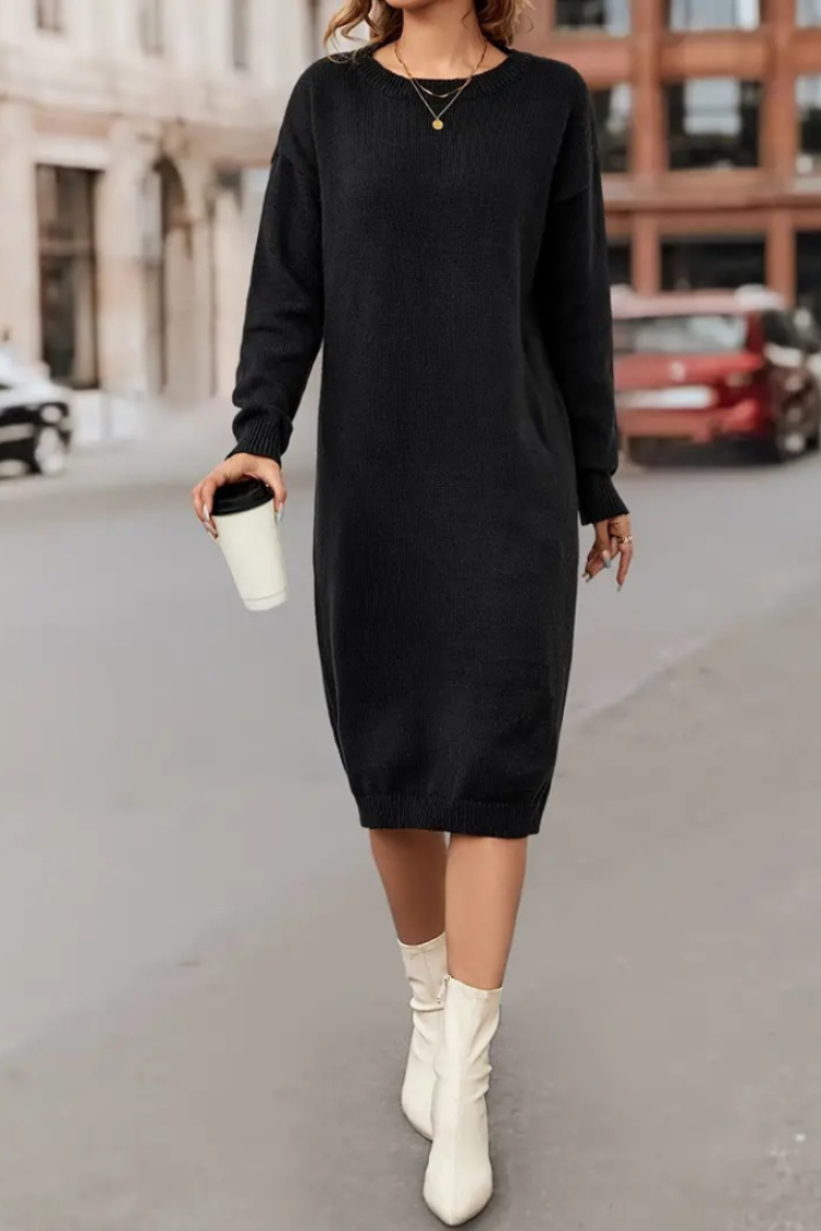 Women's Long Sleeve Crew Neck Side Slit Midi Knit Dress - Black