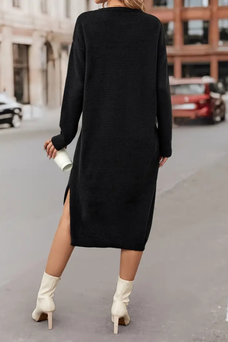 Women's Long Sleeve Crew Neck Side Slit Midi Knit Dress - Black