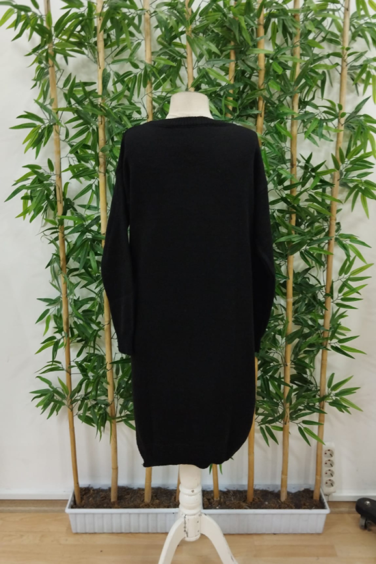 Women's Long Sleeve Crew Neck Side Slit Midi Knit Dress - Black