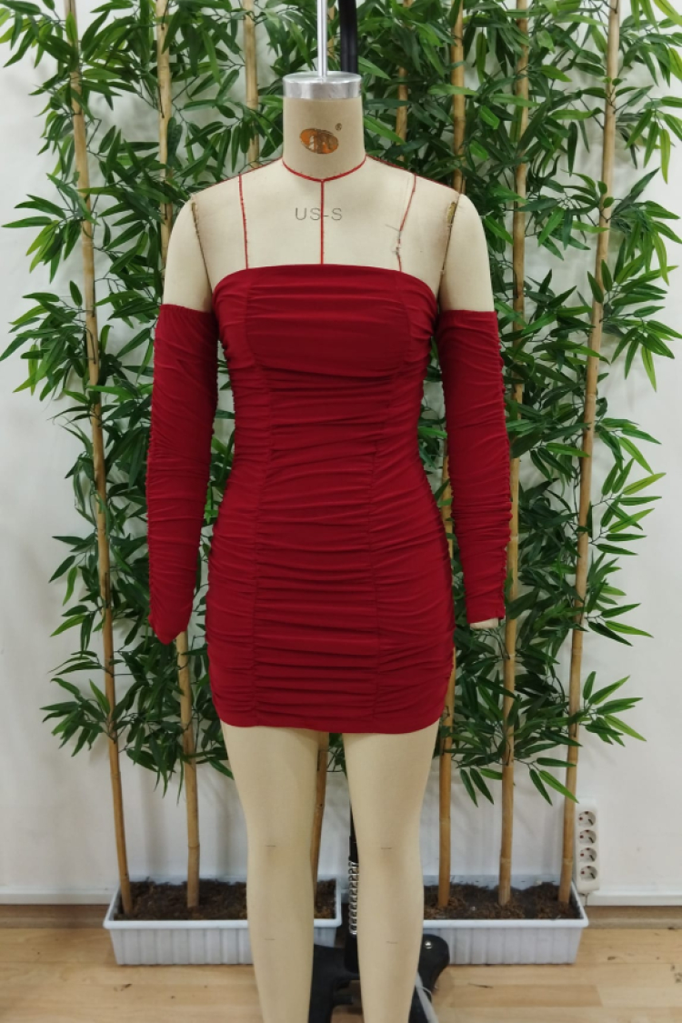 Women's Long Sleeve Off The Shoulders Pleated Sleeved Sandy Short Dress