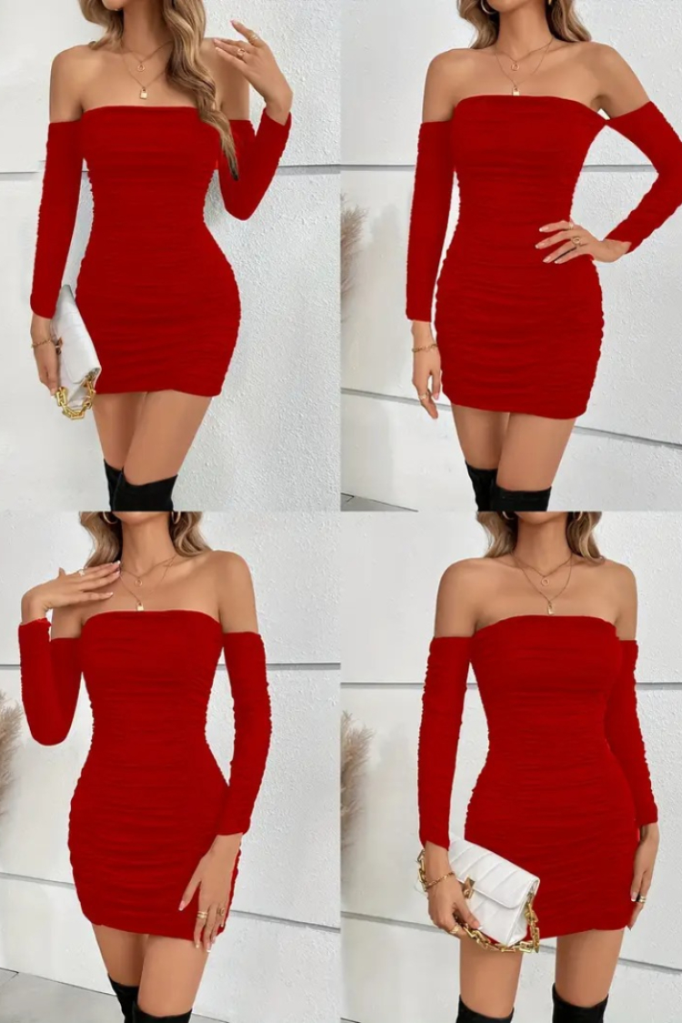 Women's Long Sleeve Off The Shoulders Pleated Sleeved Sandy Short Dress