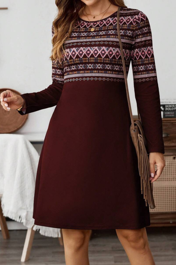 Women's Long Sleeve Crew Neck Ethnic Patterned Short Scuba Dress
