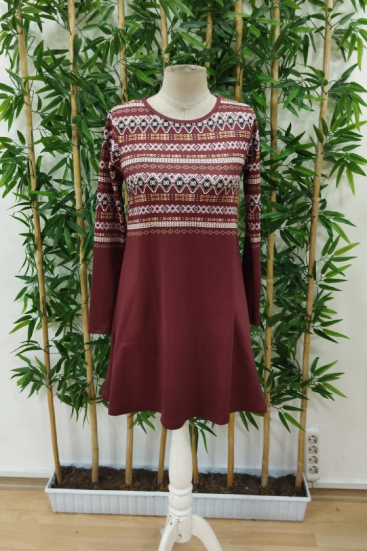 Women's Long Sleeve Crew Neck Ethnic Patterned Short Scuba Dress