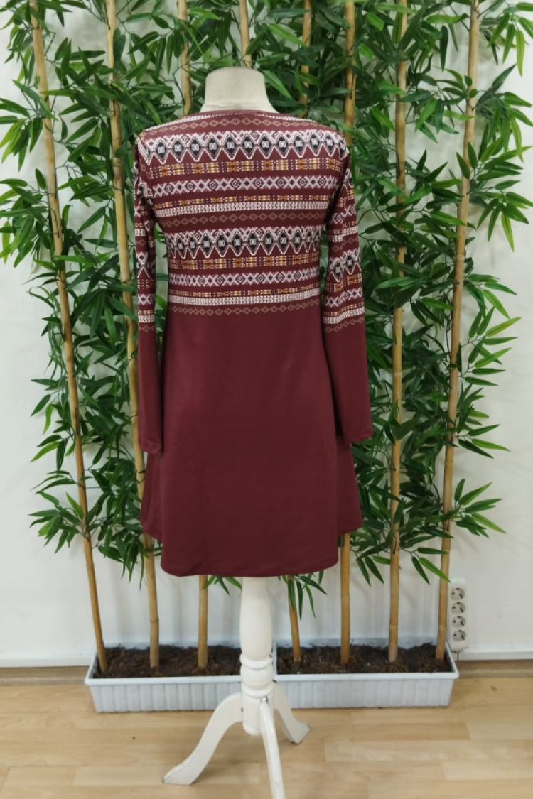 Women's Long Sleeve Crew Neck Ethnic Patterned Short Scuba Dress