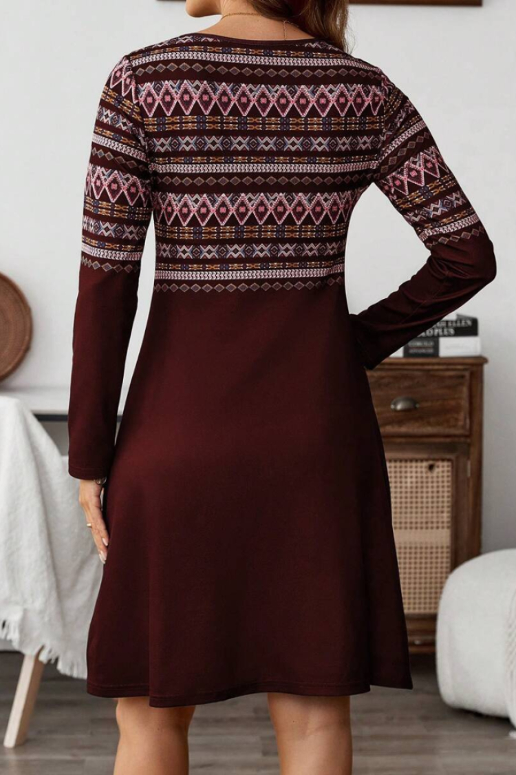 Women's Long Sleeve Crew Neck Ethnic Patterned Short Scuba Dress