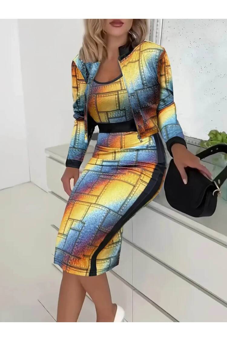 Women's Long Sleeve Strappy Round Neck Patterned Diving Blouse Jacket And Skirt Three Piece Set - Janes - Globality Store - Women Clothes Wholesale Turkey