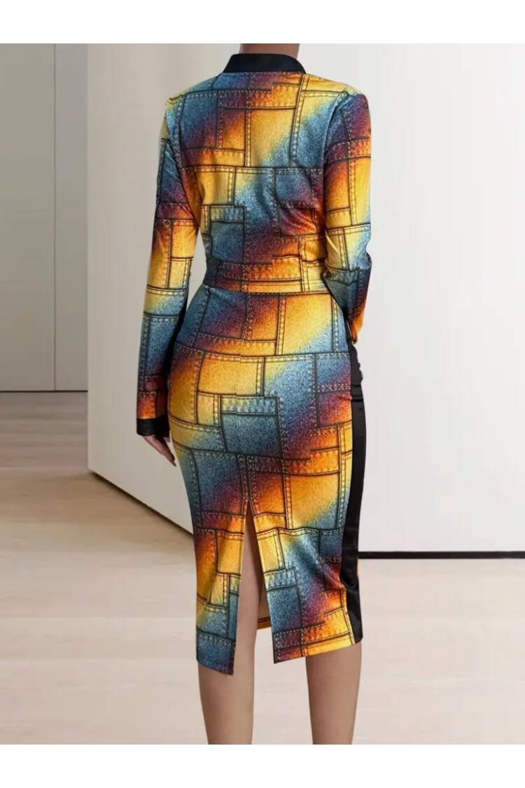Women's Long Sleeve Strappy Round Neck Patterned Diving Blouse Jacket And Skirt Three Piece Set