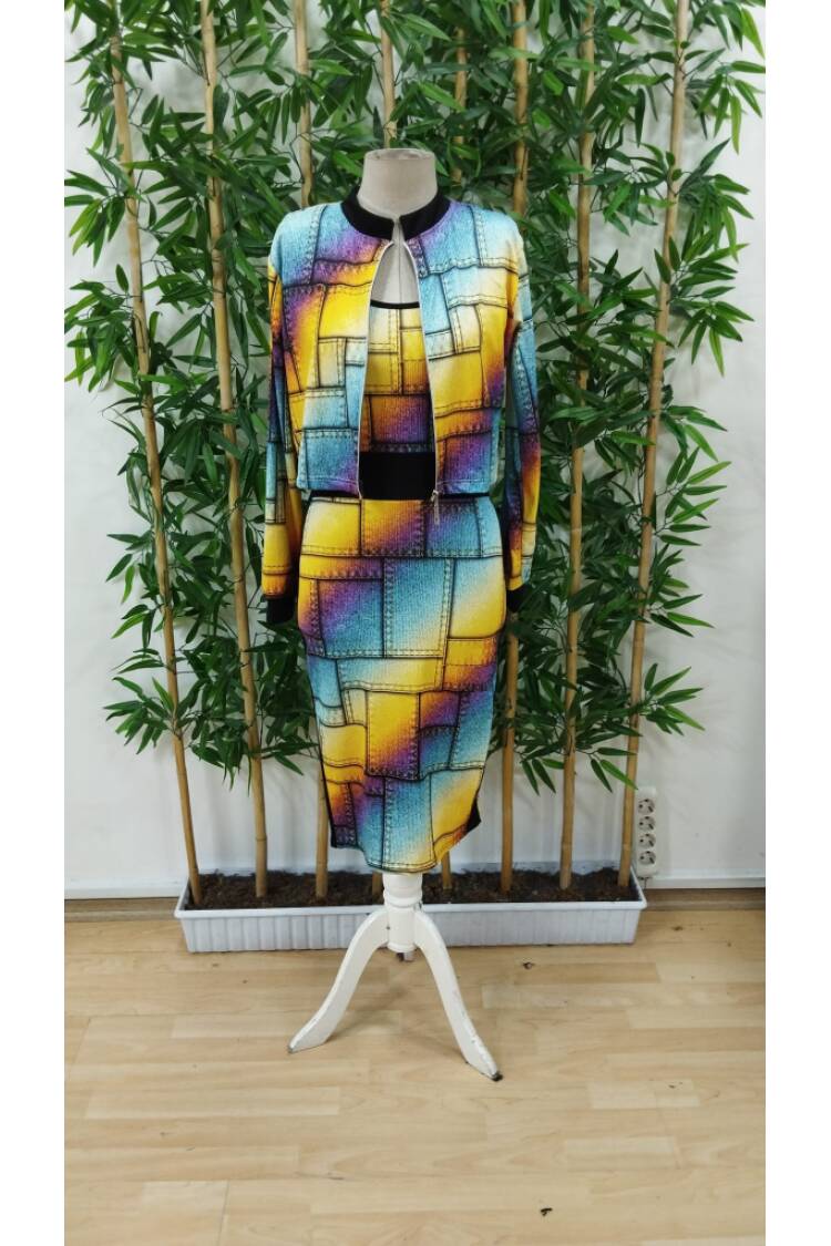 Women's Long Sleeve Strappy Round Neck Patterned Diving Blouse Jacket And Skirt Three Piece Set