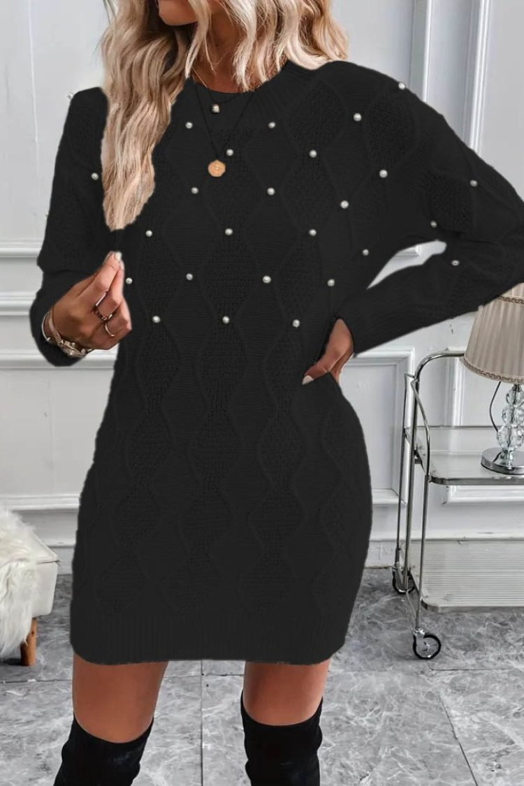 Women's Long Sleeve Crew Neck Patterned Knit Dress - Janes - Globality Store - Women Clothes Wholesale Turkey